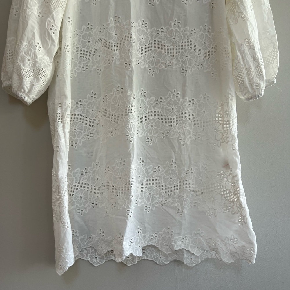 Natalie Martin Lisa Cotton White Eyelet 3/4 Balloon Sleeves Crew Neck Dress, XL - Picture 6 of 12